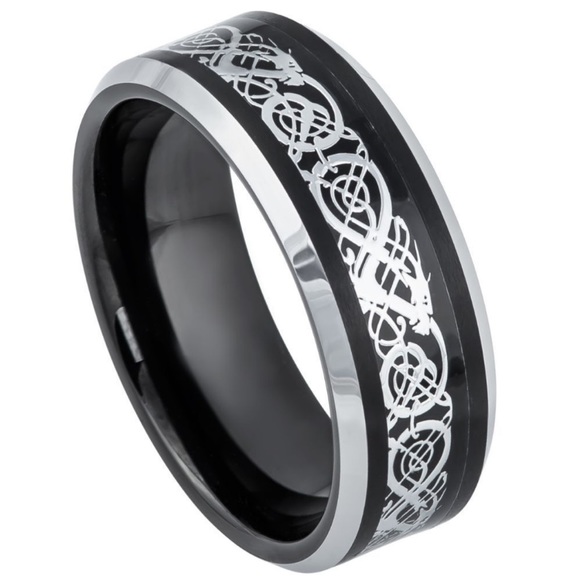 8mm Tungsten Ring black and yellow gold plated Celtic cut out design beveled - Picture 10 of 11